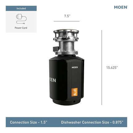 Moen GXB75C Host Series Control Activation 3/4 HP Garbage Disposal with Sound Reduction, Power Cord Included