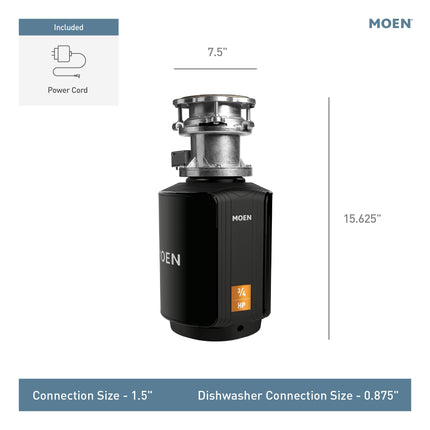 Moen GXB75C Host Series Control Activation 3/4 HP Garbage Disposal with Sound Reduction, Power Cord Included