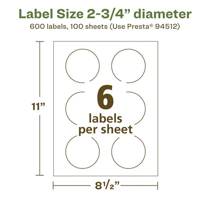 Avery EcoFriendly Matte White Recycled Round Labels, 2.75" Diameter, Print-to-The-Edge, Matte White Labels, Permanent Adhesive, Laser/Inkjet Printable, 600 Total