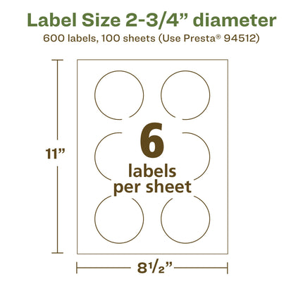 Avery EcoFriendly Matte White Recycled Round Labels, 2.75" Diameter, Print-to-The-Edge, Matte White Labels, Permanent Adhesive, Laser/Inkjet Printable, 600 Total