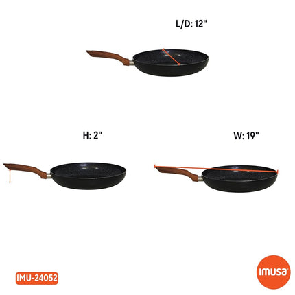 IMUSA Sartén de cerámica de aluminio de 12 pulgadas con mango de madera de tacto frío, negro - Imusa