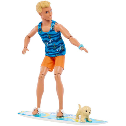 Ken Doll with Surfboard and Pet Puppy, Poseable Blonde Barbie Ken Beach Doll with Themed Accessories like Towel, HPT50