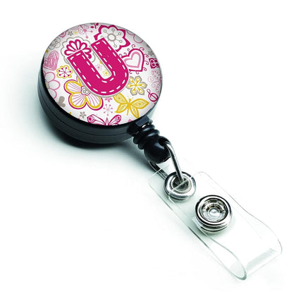 Caroline's Treasures CJ2005-UBR Letter U Flowers and Butterflies Pink Retractable Badge Reel, for Nurses ID Badge Holder with Clip Retractable Employee Badge Holder,