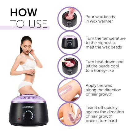 NEOMANN Waxer II Waxing Kit for Woman Non-Sticky, Teflon-Coated - Wax Warmer for Hair Removal incl. 300g Wax Beads, 20 Spatulas - Wax Machine or Wax Pot Perfect Brazilian Wax Kit for Women
