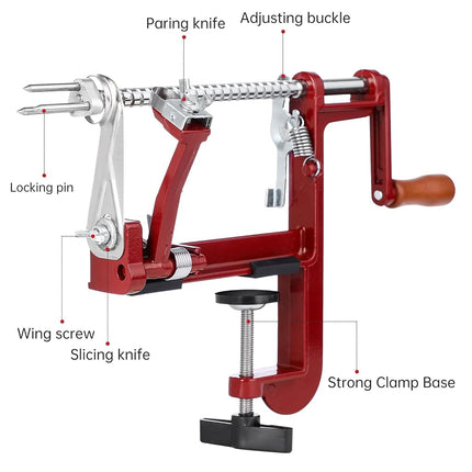 Apple Peeler Corer, Long lasting Chrome Cast Magnesium Alloy Apple Peeler Slicer Corer with Stainless Steel Blades and Powerful Clamp Base for Apples and Potato(Deep Red)