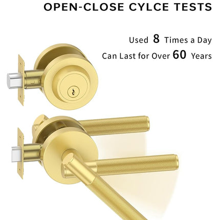 Asidrama Premium Brushed Gold Zinc-Alloy Front Door Lock Set: Double Cylinder Deadbolt, Heavy Duty Security Handleset for Left/Right Exterior Doors, Universal Entry Locks (2 Pack)
