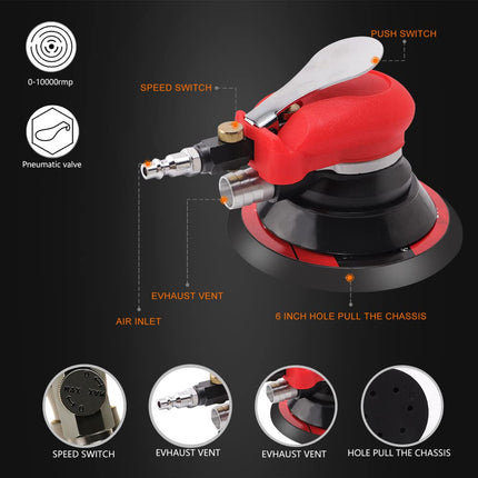 ZFE 5inch/6inch Random Orbital Air Palm Sander Air Random Orbital Sander Vacuum 6" 150mm Pad Hand Power Tool Polisher Grinding Sanding Tools for Auto Body Pneumatic Hose