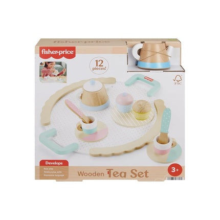 Juego de té de juguete de madera Fisher-Price para juego de imitación, juego de 12 piezas de madera con tetera, tazas y platillos para niños en edad preescolar de 3 años en adelante.
