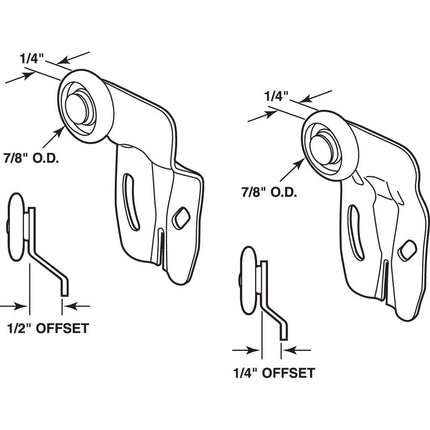 Prime-Line N 7531 Sliding Closet Door Roller Kit, 7/8 in. Wheel Diameter, Convex (Round) Edge, Stamped Steel Construction, Includes 1/4 & 1/2 in. Offsets, Fits Cox Wardrobe Door Systems (2 Pack)