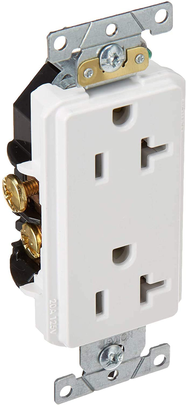 Leviton 16342-W, 20 amperios, 125 voltios, receptáculo doble Decora Plus, hoja recta, grado comercial, con conexión a tierra automática, blanco