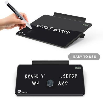 Small Glass Desktop Whiteboard with Clock, Mini Pure Glass Dry-Erase Black