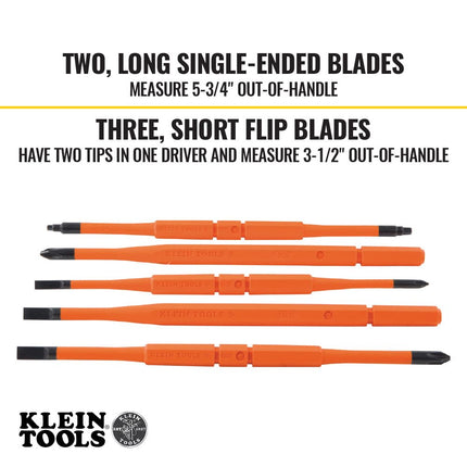 Klein Tools 32288 Insulated Screwdriver, 8-in-1 Screwdriver Set with Interchangeable Blades, 3 Phillips, 3 Slotted and 2 Square Tips, Black/Orange