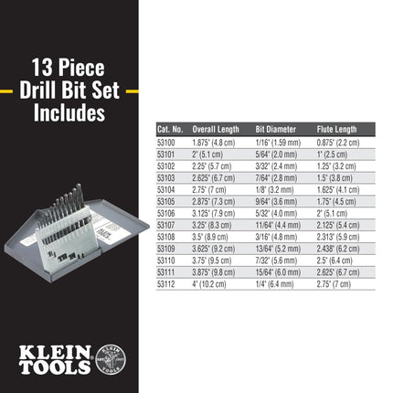 Klein Tools 53002 Regular-Point Drill-Bit Set, 13-Piece