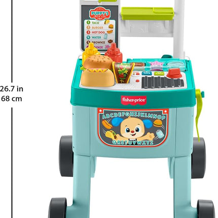Fisher-Price Baby Push Toy 4-in-1 Snack Cart Walker Learning Activity, 14 Pieces for Pretend Play Infants Ages 6+ Months, Multilanguage Version
