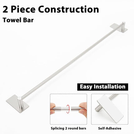 NearMoon Self Adhesive Bathroom Towel Bar- Stainless Steel Bath Wall Shelf Rack Hanging Towel Stick On Sticky Hanger Contemporary Style, NO Drilling (1 Pack, Brushed Nickel, 27-Inch Towel Rack)
