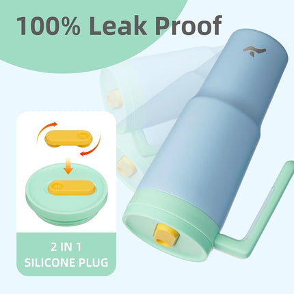 Gobelet isotherme Konokyo avec poignée et paille, bouteille d'eau isotherme sous vide en acier inoxydable de 1,2 L, tasse de voyage en métal avec diffuseur de fruits, bleu clair