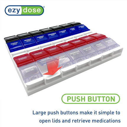 Pilulier hebdomadaire EZY DOSE (7 jours), conteneur de vitamines et organisateur de médicaments quotidiens, 2 compartiments à boutons, facile à utiliser pour les personnes souffrant d'arthrite, 4 fois par jour