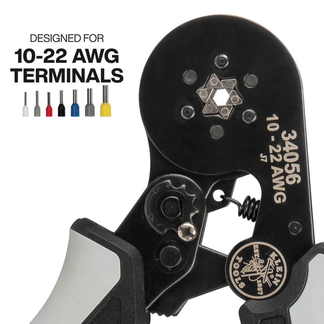 Klein Tools 34056 Ferrule Crimping Tool, Hex Crimper Pliers for 10 to 22 AWG Wire Terminals, Built-in Adjustable Ratchet, for Electrical Work