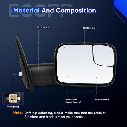ECCPP Towing Mirrors fit 02-08 for Dodge for Ram 1500 03-09 for Dodge for Ram 2500 3500 Pickup Truck Power Heated Tow Folding Side View Black Mirror Pair Set Right Passenger and Left Driver Side