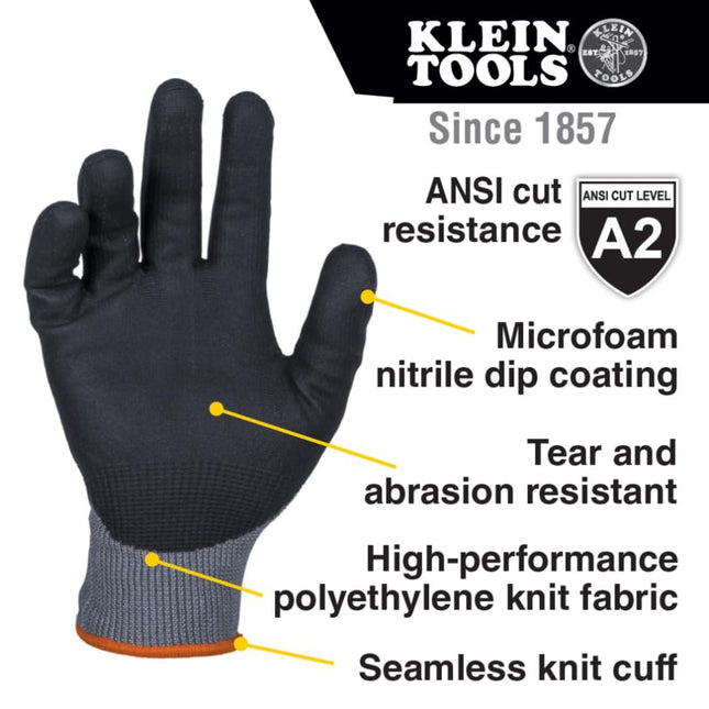 KLEIN TOOLS 60583 Work Gloves, Knit Dipped Cut Resistant ANSI A2 Nitrile Coated Gloves, HPPE Fabric, Touchscreen Capable, Small, 2-Pair