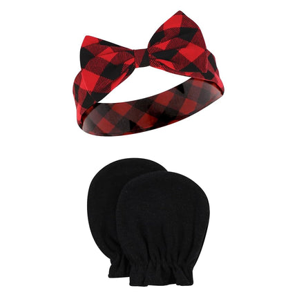 Hudson Baby Unisex Baby Cotton Headband and Scratch Mitten Set, Buffalo Plaid Leopard, 0-6 Months, Buffalo Plaid Leopard, 0-6 Months