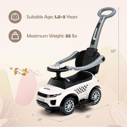 OLAKIDS 4 in 1 Ride on Push Car, Toddlers Sliding Walking with Horn, Music, Lights, Removable Guardrails and Handle, Underneath Storage, Foot-to-Floor Walker for Boys Girls (Ivory White)