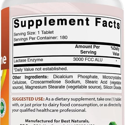 Best Naturals, Fast Acting Lactase Enzyme, 3000 FCC ALU, 180 Tablets (180 Count (Pack of 3))