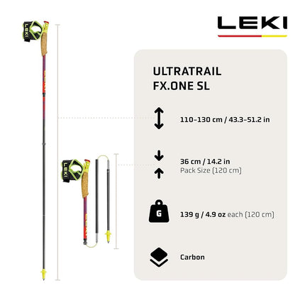 LEKI Ultratrail FX.One SL Trail Running Poles for Women & Men | Foldable Carbon | Ultra-Lightweight | Fixed Length