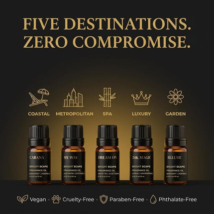 Brightscape Hotel Discovery Set — 5 Premium Fragrance Oils for Diffusers | Hotel-Inspired Gift Set | Cabana · My Way · Dream On · 24K Magic · Allure | 5 × 10ml