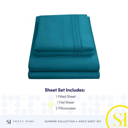 Sweet Home Collection Luxury Bedding Set with Flat, Fitted Sheet, 2 Pillow Cases, Microfiber, Teal, King