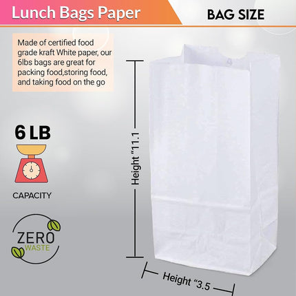 Perfect Stix 6lb White Paper Bags-Lunch Bags, Craft Bags, Grocery Bags- Pack of 500ct