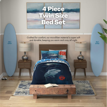 Franco Comforter, Microfiber, Blue-Shark Week, 4 Piece Twin Size