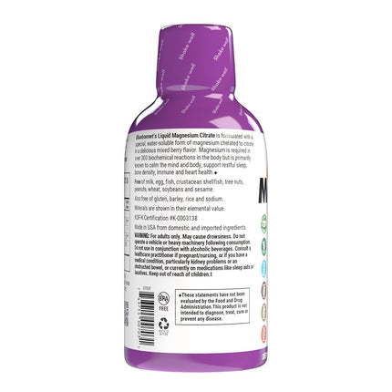 Bluebonnet Nutrition Liquid Magnesium Citrate, For Calm, Muscle Cramps, Stress Relief, Vegan, Vegetarian, Non GMO, Gluten Free, Soy Free, Milk Free, Kosher, 16 fl oz 32 Servings, Mixed Berry Flavor