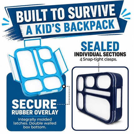 kinsho Bento-Box Lunch Boxes for Kids, Boys, Adults. Leakproof Lunch Set, Bentoboxes for School Or Work. Portion Containers. Bpa Free. 6 Compartments. Fork & Spoon. Blue & Navy Blue Large