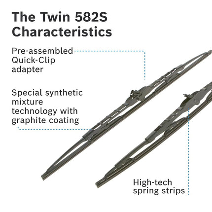 Bosch Twin Spoiler 582 S - Front Windscreen Wipers - Set of 2 Replacement Blades - Comes with Pre-assembled Quick-Clip Adapter - 2 Blades, 550mm/530mm