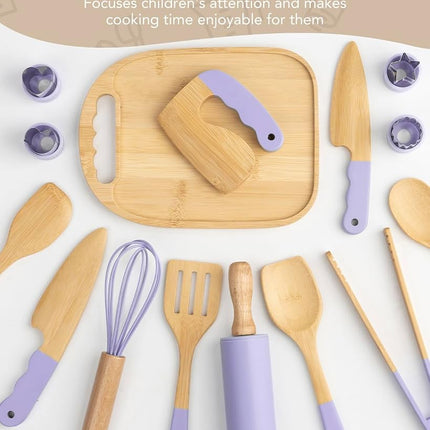 Wooden Kids Cooking Set Montessori Kit - Real Toddler Kitchen Tools & Baking Utensils - 15PCS Cooking Kit for Kids with Storage Bag, Great Gift for Pretend Play & Montessori Learning (Purple)
