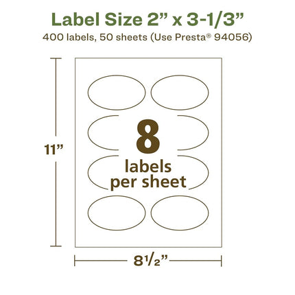 Étiquettes ovales Avery EcoFriendly mates blanches recyclées, 5 cm x 8,5 cm, impression bord à bord, étiquettes mates blanches, adhésif permanent, imprimables au laser/jet d'encre, 400 au total