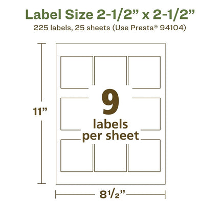 Avery EcoFriendly Matte White Recycled Square Labels, 2.5" x 2.5", Matte White Labels, Permanent Adhesive, Laser/Inkjet Printable, 225 Total