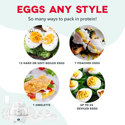 Cocina huevos Dash Deluxe rápida para huevos duros, escalfados, revueltos, tortillas, vegetales al vapor, dumplings y más, capacidad para 12 unidades, con función de apagado automático - Blanco