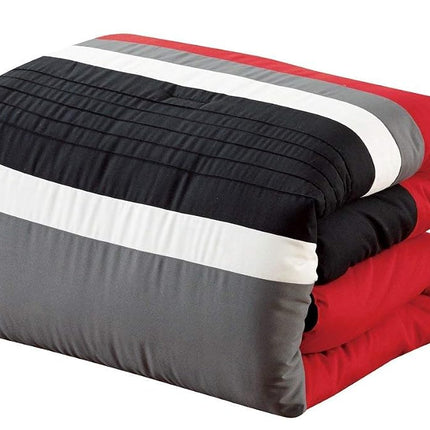 Chezmoi Collection Arden 7-Piece Modern Pleated Stripe Embroidered Zigzag Bedding Comforter Set (Queen, Red/Black/Gray/Off-White)