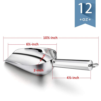 E-far 12 Ounce Ice Scoop Set of 2, Stainless Steel Scoops for Ice Cube/Candy/Flour/Sugar, Metal Utility Scoops for Party, Baking, Kitchen Pantry, Rust Free & Dishwasher Safe