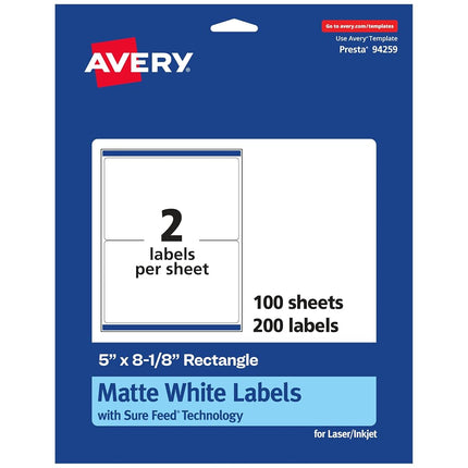 Etiquetas rectangulares Avery blancas mate con Sure Feed, 5" x 8-1/8", 200 etiquetas blancas mate imprimibles