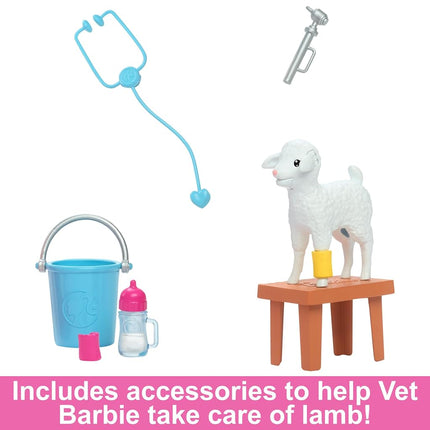 Barbie 65th Anniversary Doll & 10 Accessories, Farm Veterinarian Set with Blonde Vet Doll, Lamb with Moving Ears & More, HRG42