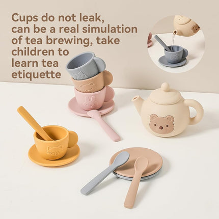Tea Party Set for Little Girls 1-3 Kids Tea Set with Silicone Teapot Cups Coasters Carrying Scoop Wooden Tray, Kitchen Accessories Pretend Play for Girls Boys Age 3 4 5 (15 Pcs)