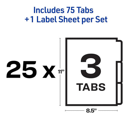 Avery 3-Tab Unpunched Binder Dividers, Easy Print & Apply Clear Label Strip, Index Maker, White Tabs, 25 Sets (11442)