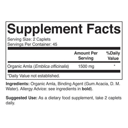 Brieofood Organic Amla 1500mg, 45 Servings, Vegetarian, Gluten Free, 90 Vegetarian Tablets