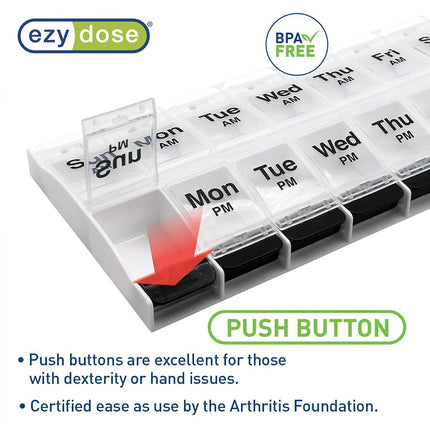 EZY DOSE Push Button (7-Day) Pill Case, Medicine Planner, Vitamin Organizer, 2 Times a Day AM/PM, Large Compartments, Arthritis Friendly, Clear Lids, Clear/Black, BPA Free