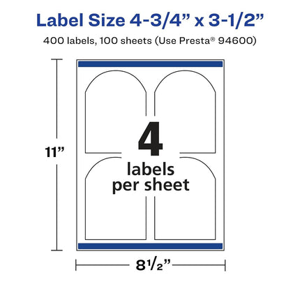Avery Glossy Clear Arched Labels with Sure Feed, 4.75" x 3.5", 400 Glossy Clear Labels, Print-to-The-Edge, Laser/Inkjet Printable Labels