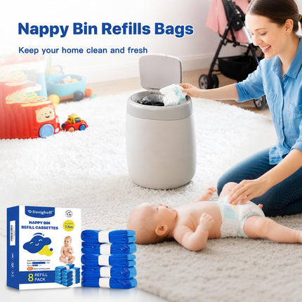 Nappy Bin Refills, 7.5m Extra-Long Diaper Pail Bags Compatible with Tommee Tippee Twist & Click and Sangenic TEC Bins, Multi-Layer Odour-Blocking Refill Liners for Nappy Disposal (6Packs)
