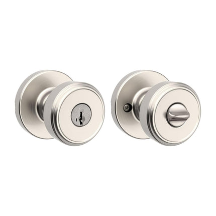 Kwikset Maven Entry Door Knob with Lock and Key, Secure Keyed Handle Exterior, Front Entrance and Bedroom, Satin Nickel, Pick Resistant SmartKey Rekey Security and Microban